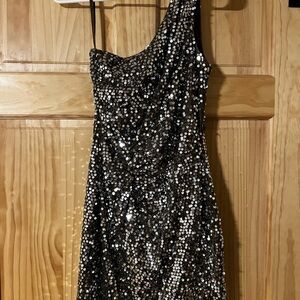 As U Wish Silver Sequin One-Shoulder Dress